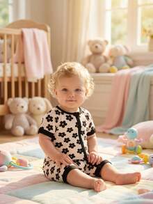 Baby Girl With Soft Bamboo Fiber Jumpsuit, Plant Flower Chrysanthemum Cartoon Print, Round Neck, Baby Shorts, Baby Girl Bamboo Jumpsuit, Toddler And Baby Girl Jumpsuit, Bamboo Toddler Cute Zipper - Nhiều màu - Xem 12