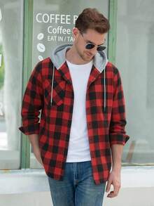 Mens Flannel Hoodie Shirts Long Sleeve Casual Plaid Jackets - 紅色 - 查看 11