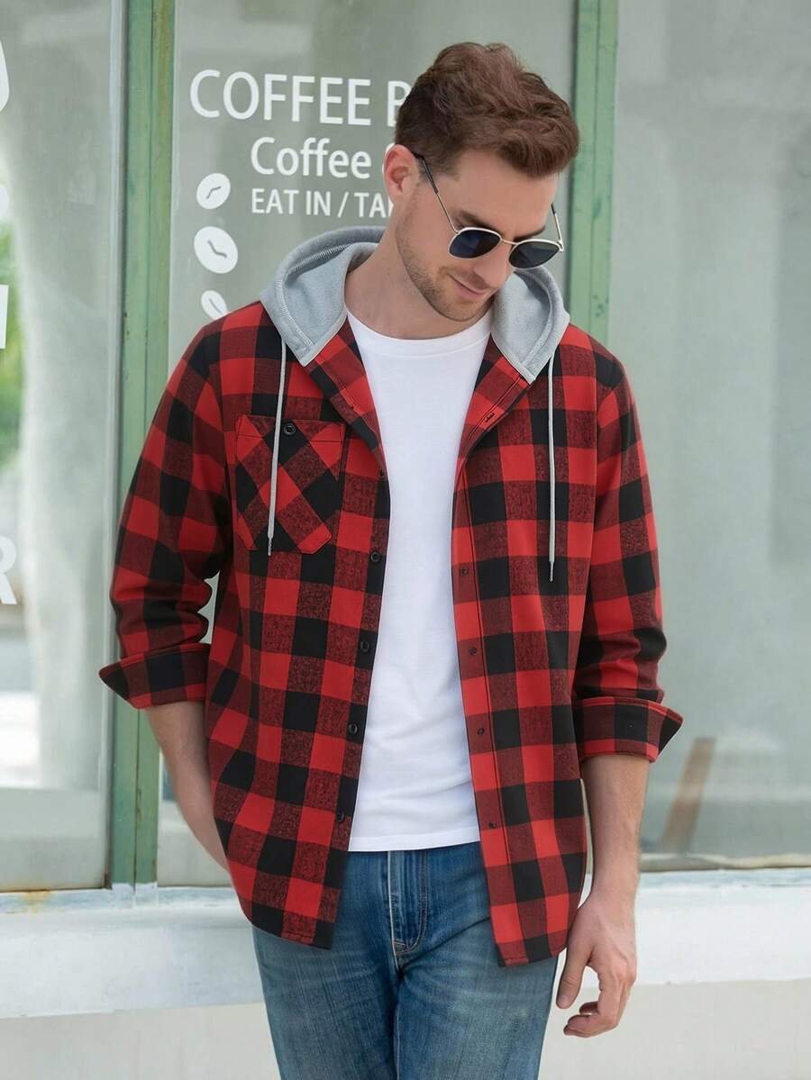 Sudadera con capucha de franela para hombre, chaquetas casuales de cuadros de manga larga - Rojo - Ver 1