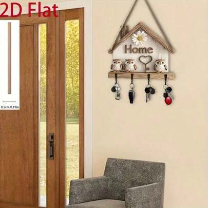 2D Flat, 1 Piece, Owl Home - Wooden Multi-Functional Household Key Hanger (30cm X 25cm), With Four Metal Hooks - Wall Hanging, Porch Decoration, Room Decoration, Villa Decoration, Four Seasons Home Decoration, 2D Flat