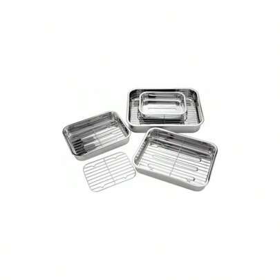 4PC STAINLESS STEEL ROASTING TRAYS OVEN PAN DISH BAKING ROASTER TRAY GRILL RACK