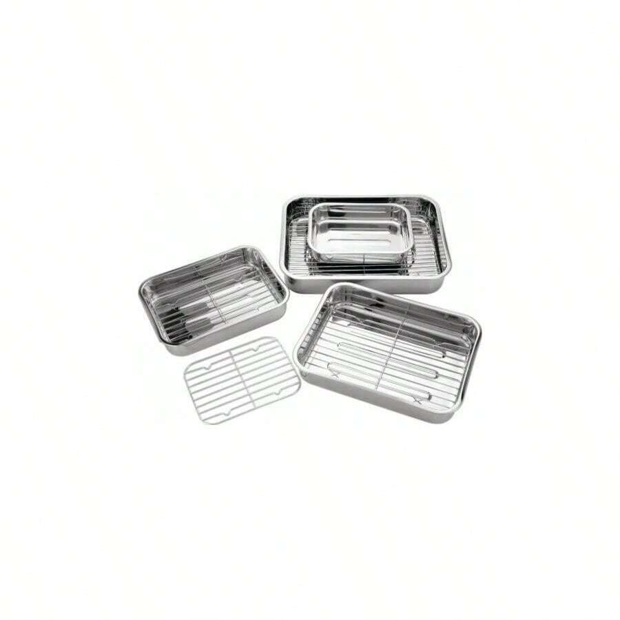 4PC STAINLESS STEEL ROASTING TRAYS OVEN PAN DISH BAKING ROASTER TRAY GRILL RACK - View 1