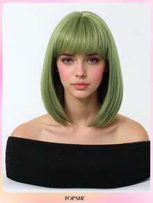 Perucă TOPHSE, elegantă, pufoasă, scurtă, bob, cu breton, împletită verde, material din fibră rezistent la temperaturi ridicate, capac tip plasă roz, peruci pentru femei, stil versatil - potrivită pentru cosplay, petrecere, festival de muzică, nuntă, cadou - Verde - Vizualizare 3