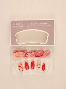 24 pièces Ongles à presser de forme amande courte, manucure rétro classique avec contraste de couleurs, imprimé cœur et ton de base rouge vif, design colorblocking vibrant, style chic et festif, convient pour les tenues de printemps/automne, les rendez-vous ou les déplacements, lumineux et polyvalent - Multicolore - Voir 5