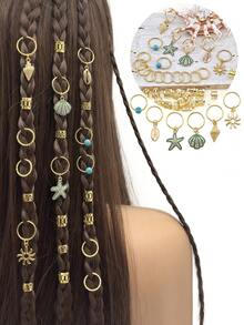 48个夏季度假闪亮发圈，镶嵌钻石海星、贝壳、金色海螺、太阳和蓝色珠子，可调节闪亮合金发夹，适合海滩度假编发造型 - 金色 - 查看 1