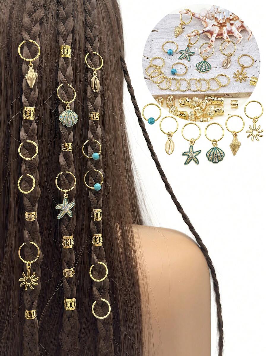 48个夏季度假闪亮发圈，镶嵌钻石海星、贝壳、金色海螺、太阳和蓝色珠子，可调节闪亮合金发夹，适合海滩度假编发造型 - 金色 - 查看 1