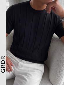GRDR 男士夏季针织纯色罗纹短袖毛衣，运动休闲款，适合户外活动 - 黑色 - 查看 2
