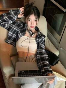 女士短款格子印花休闲衬衫，随机裁剪 - 黑色 - 查看 5
