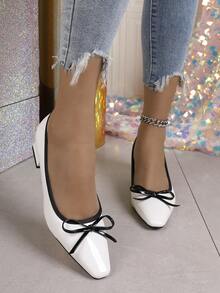 女士白色高跟鞋，粗跟，优雅办公鞋，舒适春季鞋 - 白色 - 查看 2