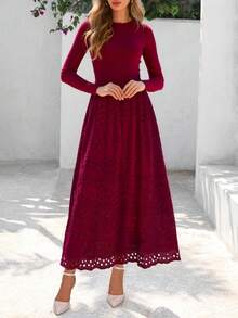 Women Casual Eyelet Long Sleeve Crewneck A-Line Boho Maxi Dresses Spring Autumn Hawaii Wedding Guest Holiday Vacation Long Dress Pockets Outfits - 酒紅色 - 查看 4