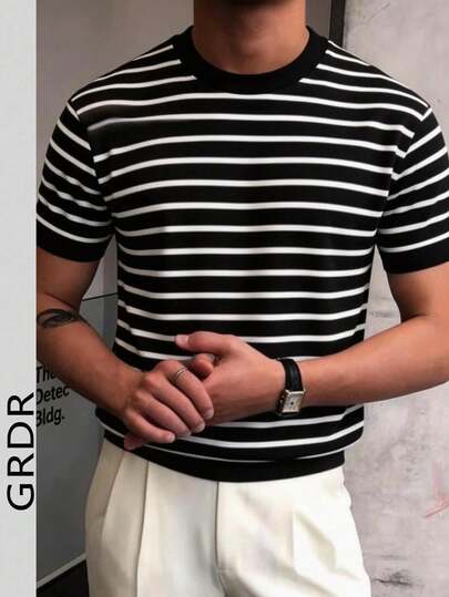 GRDR Suéter de manga corta de punto con bloques de color para hombres, jersey de manga corta a rayas, adecuado para reuniones casuales de verano, artículo de moda esencial