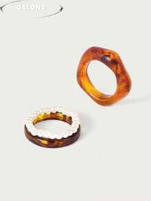 INS Style Blogger Same Pearl Beaded Ring, Tortoiseshell Resin Open Ring, Multi-Layer Stacking High-End Design Women Ring - Multicolor - View 3