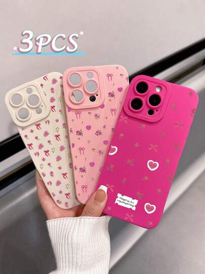 3pcs Romantic Rose Bow Tie Phone Case, Dopamine Pink Series Soft Protective Cover, Floral Pattern With Rose, Bow Tie, Heart Elements, Available In Milky White/Pink/Rose Red, Suitable For Sweet Girl, Ins Style Outfit, Skin-Friendly TPU Soft Full Edge Anti-Drop Design, Precise Cutouts, Ideal For Daily Commute, Date Outfit, Girlfriend Gift, Birthday/Valentine's Day/Mother's Day, Compatible With IPhone17promax/IPhone17/IPhone17Pro/IPhone17e, Phones