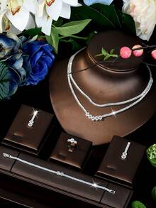 1 Set de joyería con tono plateado, Cubic Zirconia (CZ) Oval Link Layered Choker, conjunto minimalista brillante de collar, aretes, anillo y pulsera a juego para despedidas de soltera, citas nocturnas y brunch de fin de semana - Plateado - Ver 1