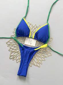 Women's Summer Beach Contrast Color Halter Tie Sexy Bikini Swimwear Set Vacation - Royal Blue - View 2