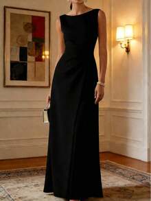 Elegant Sleeveless Fitted Maxi Dress, Women's Fashion Open Shoulder Fabric, Casual & Formal Gown With Zipper Detail White Summer - 黑色 - 查看 12