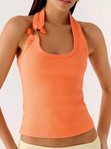 Women's Halter Neck Tank Tops Y2K Stone Embellishment Ribbed Knit Vest Summer Backless Slim Fit Crop Tops Low Back Sleeveless Tee Shirt Basic T-Shirt Streetwear Fashion Party Outfit - 橘色 - 查看 1