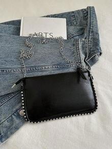 Cracked Leather Envelope Bag, New Fashion Charisma Lady's Shoulder Bag, Beaded Popular-Body Clutch, Elegant Faux Pearl Bag - 黑色 - 查看 6