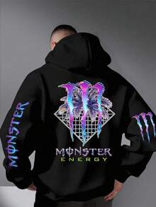 Artistic "M-ONSTER E-NERGY" Lettering & Claw Motif Print Black Hoodie For Men Featuring Sleek Violet-Blue Iridescent Gradient "MONSTER" Text Wrapping The Entire Left Sleeve, Compact Violet-Blue Iridescent Gradient Claw Accents On The Right Sleeve, And A Large Statement Back Claw Graphic In Violet-Blue Iridescent Gradient Overlaid With Tropical Palm Leaf Fronds And A Sharp Geometric Grid Base Framed By A Clean Diamond Outline, Complemented By A Layered "M-ONSTER E-NERGY" Logo Below The Central Design-With "MONSTER" In Matching Violet-Blue Iridescent Gradient And "ENERGY" In A Vibrant Contrasting Neon Green Hue- As A Stylish Streetwear Essential For Effortless Casual Styling, Everyday Outings, Laid-Back Hangouts, And Relaxed Weekend Plans, Ideal For Fans Of Bold, Artistic Graphics And Those Who Seek A Unique Blend Of Edgy Urban Design And All-Day Comfortable Wear, A Thoughtful Gift For Brothers, Friends, And Anyone Who Appreciates Eye-Catching Apparel That Stands Out In Any Setting - 黑色 - 查看 1
