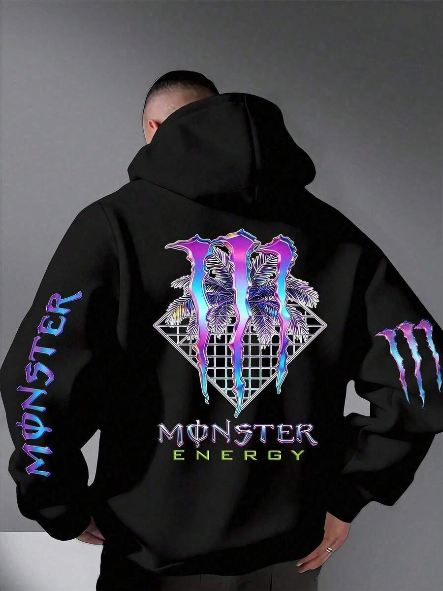 Artistic "M-ONSTER E-NERGY" Lettering & Claw Motif Print Black Hoodie For Men Featuring Sleek Violet-Blue Iridescent Gradient "MONSTER" Text Wrapping The Entire Left Sleeve, Compact Violet-Blue Iridescent Gradient Claw Accents On The Right Sleeve, And A Large Statement Back Claw Graphic In Violet-Blue Iridescent Gradient Overlaid With Tropical Palm Leaf Fronds And A Sharp Geometric Grid Base Framed By A Clean Diamond Outline, Complemented By A Layered "M-ONSTER E-NERGY" Logo Below The Central Design-With "MONSTER" In Matching Violet-Blue Iridescent Gradient And "ENERGY" In A Vibrant Contrasting Neon Green Hue- As A Stylish Streetwear Essential For Effortless Casual Styling, Everyday Outings, Laid-Back Hangouts, And Relaxed Weekend Plans, Ideal For Fans Of Bold, Artistic Graphics And Those Who Seek A Unique Blend Of Edgy Urban Design And All-Day Comfortable Wear, A Thoughtful Gift For Brothers, Friends, And Anyone Who Appreciates Eye-Catching Apparel That Stands Out In Any Setting - 黑色 - 查看 1