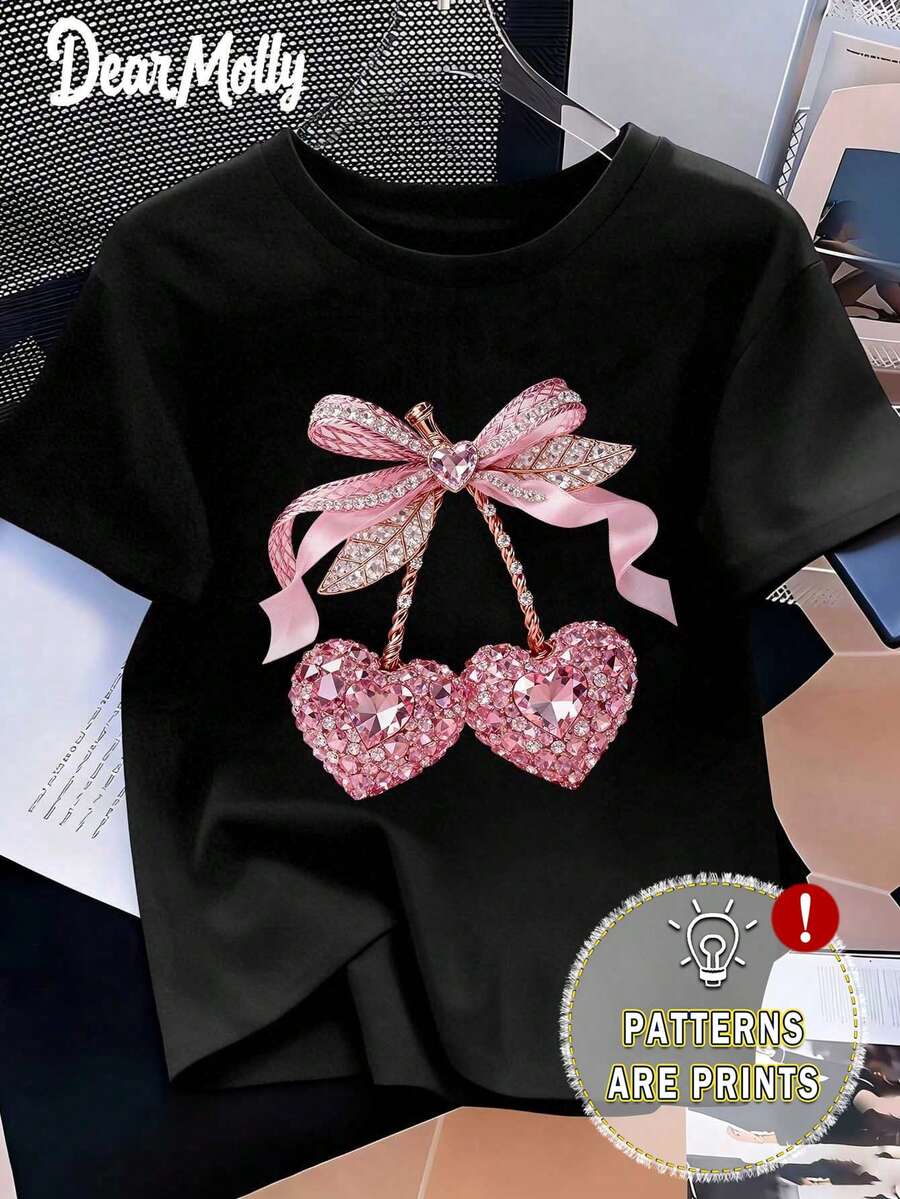 LOVE MOLLY Valentine's Day Cherry Rhinestone Glitter Print Short Sleeve T-Shirt, Retro Funny Valentine's Day Top Summer Casual - Multicolor - View 1