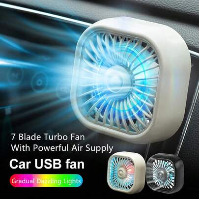 1 ventilator de răcire pentru ventilația mașinii, ventilator puternic cu turbină cu 7 palete alimentat prin USB, cu lumină atmosferică de culoare gradient, mini ventilator de răcire pentru interiorul mașinii multifuncțional cu zgomot redus