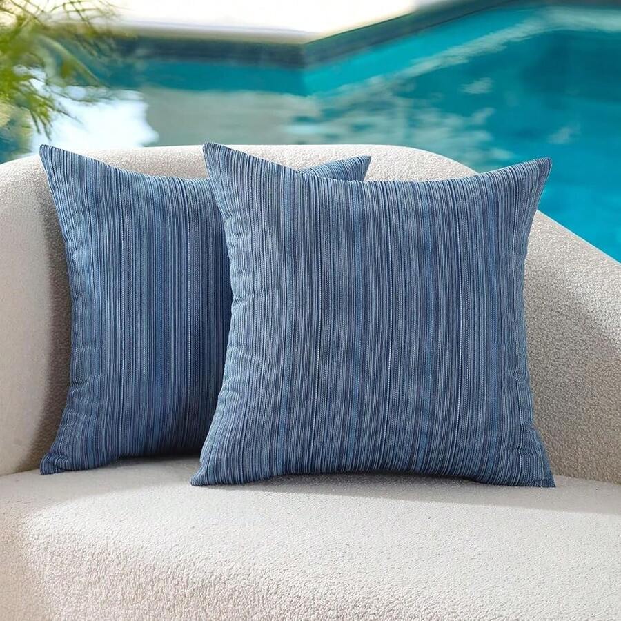 Outdoor Waterproof Throw Pillow Covers 22x22 Set Of 2 Decorative Outside Patio Furniture Cushion Cases Decor For Garden Bench Porch Couch Tent Chair Stripe Blue - Màu xanh dương, kích thước 22 inch x 22 inch (Bộ 2 cái) - Xem 1