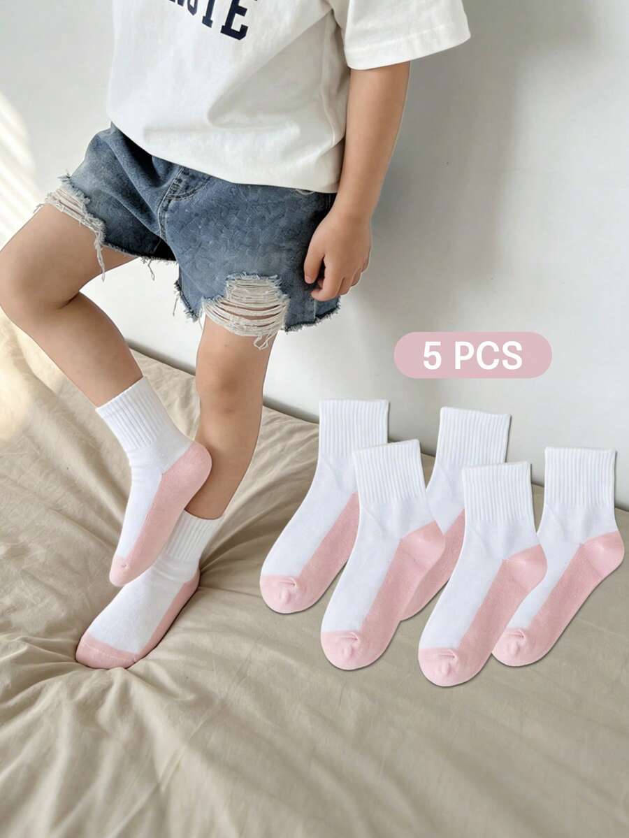 5 Pairs Kids/Students Color Block Sports Socks, Moisture Wicking Athletic Socks For School, Sports Competition, Versatile - Multicolor - View 1