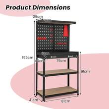 COSTWAY Workbench With Pegboard, Multi-Use Workbench With 2 Tires Of Shelves, Topping Space, Drawer, Robust Metal Frame, Heavy-Duty Work Table Tool Storage Bench For Workshop, Warehouses, Basement, Blue/Red - B - 查看 4