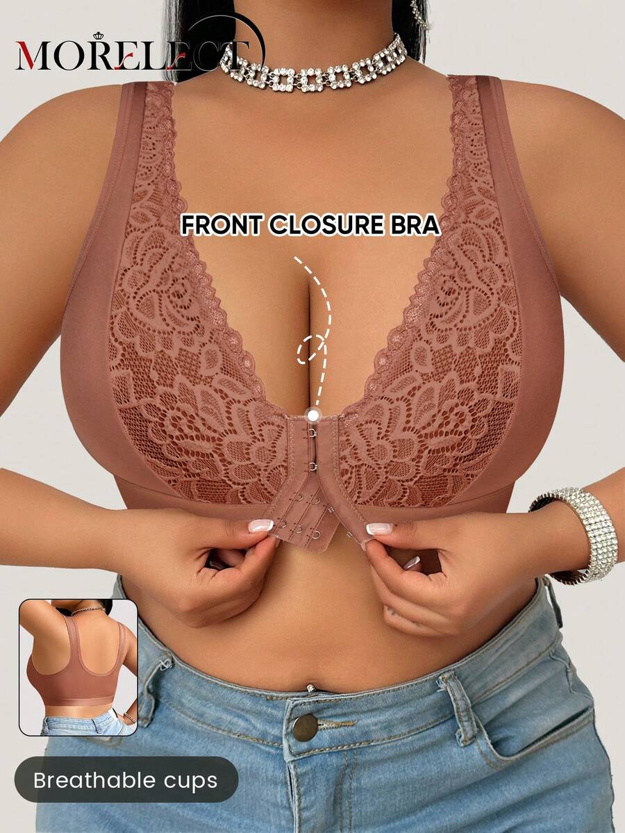 Morelect Plus Size Women Lace Patchwork Front Closure Wireless Bra, Fashionable Jacquard Supportive And Lifting - Camel - View 1