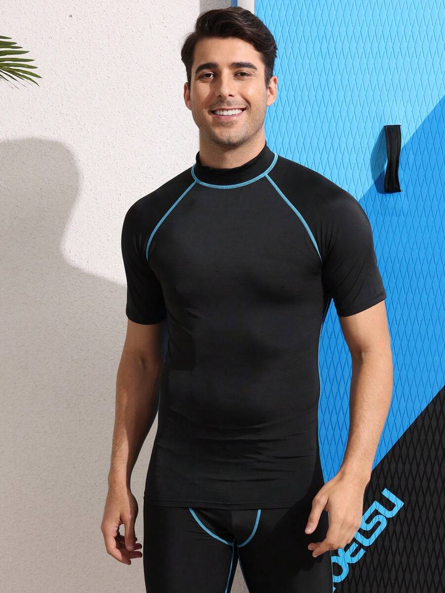Men's High Elasticity Quick-Dry Durable Smooth Skin-Friendly Short Sleeve Swimsuit, Compression Shirt Surfing Wear, Swimsuit Top Sports - Black - View 1
