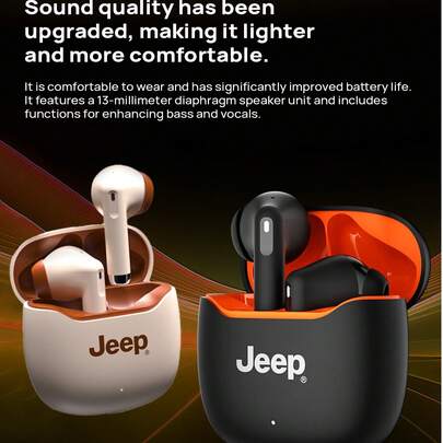 Jeep EW138 Bluetooth Earbuds, True Wireless Semi-In-Ear Style, Low Latency For Gaming, Suitable For Listening To Music While Exercising Or Running, Noise Cancellation, Ultra-Long Battery Life, Intelligent Bass Enhancement, Comfortable Fit, 13mm Diaphragm Unit.