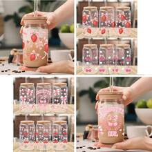 4件套 16盎司玻璃杯UV DTF转印贴纸（9.4x4.3英寸），无需加热，粉色蝴蝶结草莓樱桃图案，可爱水果少女风，防水摩擦贴纸，DIY礼物 - Coquette 03 - 查看 7