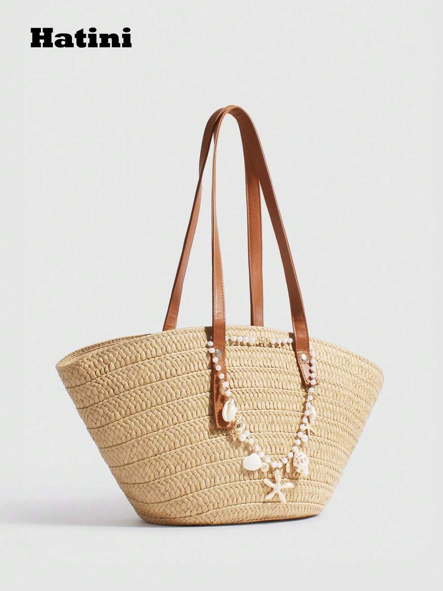 Hatini Handwoven Straw Tote Bag, Large Capacity Shoulder Beach Bag With Faux Pearl, Starfish & Shell Decor, European And American Fashion Resort Style, Gift For Girlfriend Or Best Friend - Khaki - View 1