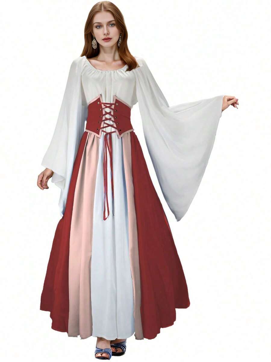 Vestido longo feminino para Halloween, fantasia medieval renascentista para palco, cosplay, roupa retrô para interpretação de personagens. - Borgonha - Ver 1