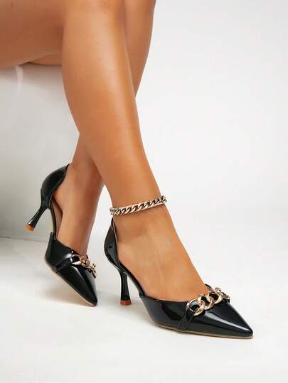 Women's Pointed Toe Metal Chain Decor Solid Color Stiletto High Heel Shoes, Suitable For Work, Date, Party