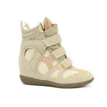 Hidden Wedge Sneakers For Women High Top Fashion Sneaker Suede High Heel Platform Tennis Triple Strappy Band Casual Vintage Dressy Comfy Campus  Retro Sneaker - 米黃 - 查看 1