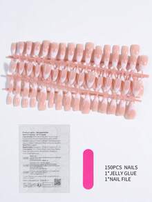 150片杏仁形白色渐变猫眼美甲贴纸，简约法式美甲设计，完美贴合长杏仁形亚克力假指甲套装，包含：1瓶果冻凝胶和1个指甲锉，白色法式杏仁美甲贴纸，适合女性日常工作、节日、派对等场合。 - 白色 - 查看 4