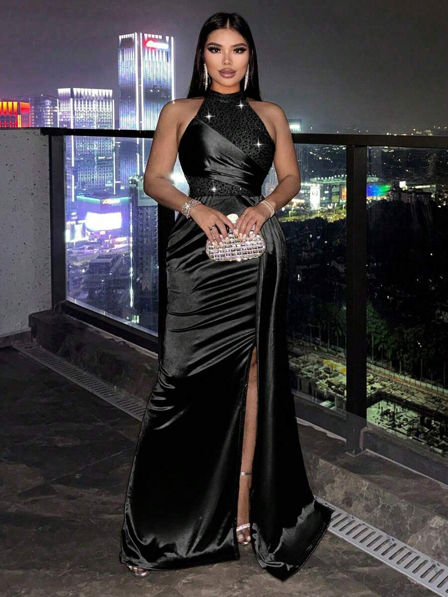 CHOSMO 优雅派对亮片拼接高开衩露背长裙，适合晚宴、度假、婚礼、生日派对、正式晚宴等场合，黑色夏季款 - 黑色 - 查看 1