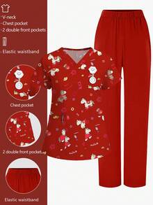 cimmuovere 2pcs Women Cartoon Pocket Top And Pants Scrubs Set, Nurse Uniform, Workwear For Dentist, Healthcare, Pet Hospital, Laboratory, XS To Plus Size Red - Red - View 7