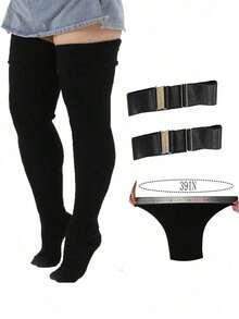 1pair Women's Plus Size Thigh High Socks With Anti-Slip Bands, Warm Kneehigh Leg Warmers, Cozy - màu đen - Xem 1
