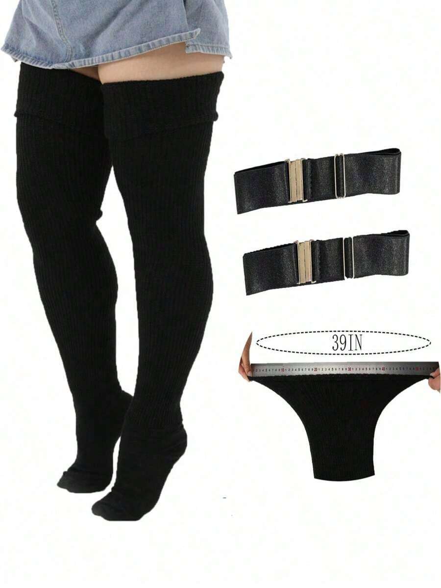 1pair Women's Plus Size Thigh High Socks With Anti-Slip Bands, Warm Kneehigh Leg Warmers, Cozy - màu đen - Xem 1