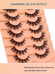 7 Pairs 5D Faux Mink Cat Eye Lashes Transparent Band Reusable Natural Volume Dramatic False Eyelashes Daily Party Strip Lashes - Black - View 4