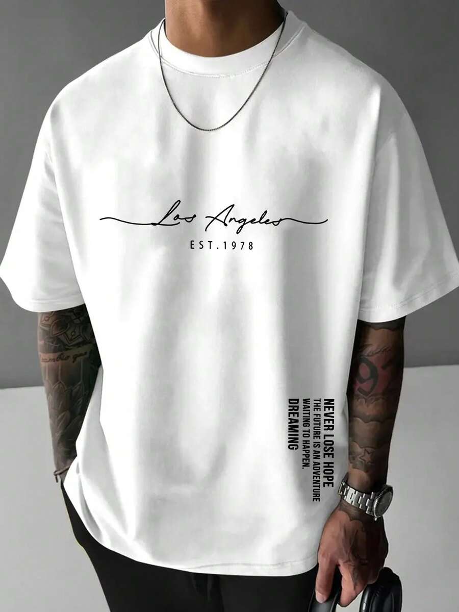 Men's New Casual Sports T-Shirt, Los Angeles "Never Lose Hope" Graphic Print, Lightweight & Comfortable, Suitable For Team/Club Uniforms, Gifts For Friends/Family, Versatile For Daily, Outdoor, Fishing And Other Activities - White - View 1