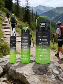Fitness Time Scale Water Bottle, Large Capacity Gradient Color Sports Water Jug, Portable Bounce Lid Straw Cup - Black and Green Gradient - View 8