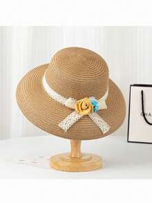 1pc Spring/Summer Foldable Floral Sun Hat, Women Beach Vacation Sunscreen Hat - A - View 3