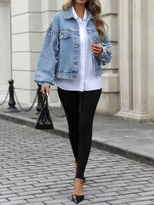 HAPPY GIRL Spring/Summer Versatile Fashion Denim Jacket With Pearl Lantern Sleeves, College Style For Holiday, Vacation, Daily Wear And Travel, Women's - Light Wash - View 3
