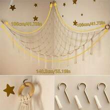 Bohemian Woven Rope Toy Storage Hammock Net, Hanging Plush Toy Corner Organizer With Hooks, Home & Thanksgiving Decor - Beige - View 3