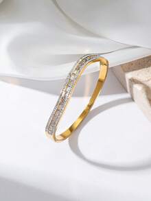 Vòng tay mạ vàng 18K bằng thép không gỉ cao cấp, đính hai hàng đá Cubic Zirconia, thích hợp cho đi làm hàng ngày, dự tiệc và các dịp trang trọng. - Vàng - Xem 7