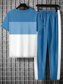 Men's Color Block Print Casual Business Short Sleeve Top And Pants Set - Blue - View 3